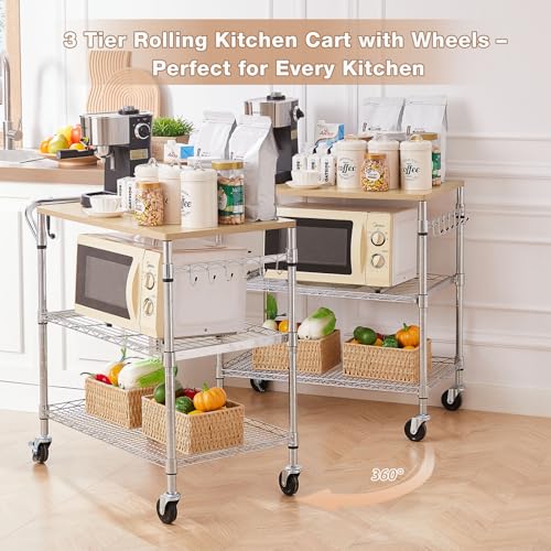 3 Tier Rolling Kitchen Cart with Wood Tabletop, Kitchen Island Carts with Wheels & Slider Shelf, Microwave Cart on Wheels, Coffee Cart with Hooks, 35.4" L*18.1" W*31.9" H，Wood+Chrome - size: 35.4"L*18.1"W*31.9"H with Slider Shelf
