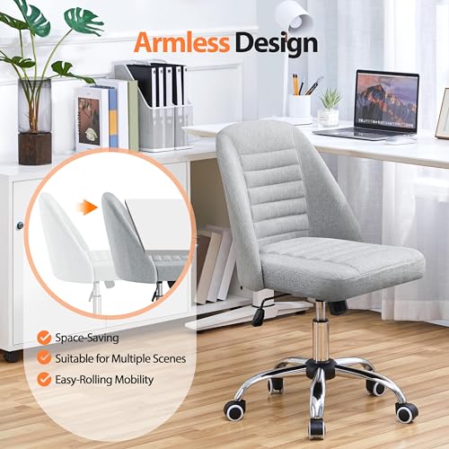 Yaheetech Light Gray Velvet Armless Vanity Desk Chair, Adjustable Swivel | Compact soft velvet seat fits small vanity, sewing or office desks; adjustable height, swivels on smooth wheels, fast setup. - color: Light Gray