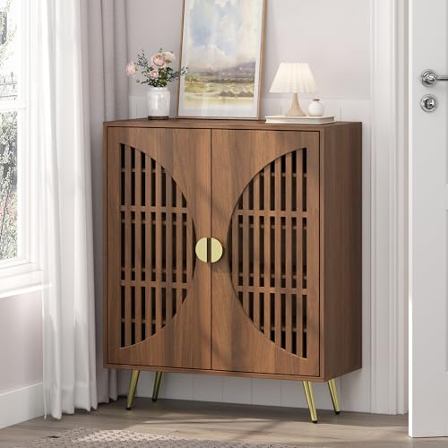 5-Tier Walnut Shoe Storage Cabinet with 2 Slatted Doors, Shoe Cupboard with Adjustable Shelves, Wooden Shoe Rack Organizer for Entryway, Hallway, Closet, Living Room - size: 13.78"D x 31.49"W x 32.67"H