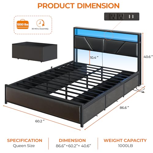 Queen Bed Frame with Storage Headboard, 6 Drawers, LED&Charging | 2-Tier PU Leather Upholstered Headboard, Charging Station&RGB Lights, No Box Spring Needed, easy assembly, Noise-Free,Black - color: Black, size: Queen
