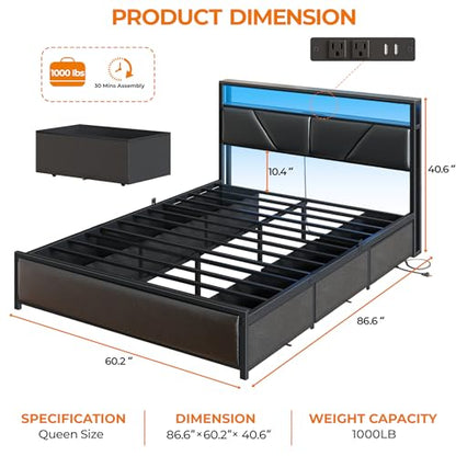 Queen Bed Frame with Storage Headboard, 6 Drawers, LED&Charging | 2-Tier PU Leather Upholstered Headboard, Charging Station&RGB Lights, No Box Spring Needed, easy assembly, Noise-Free,Black - color: Black, size: Queen