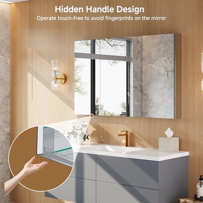 48" x 30" Bathroom Medicine Cabinet with Mirror, Recessed or Wall Mount | Medicine Cabinets with Adjustable Glass Shelves, Soft-Closed Hinge, Chrome Aluminum Frame, Reverse Installation - size: 48" x 30"
