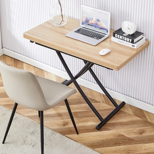 Liftable Folding Dining Table for 4, Adjustable Drop Leaf Table, Folding Coffee Table for Small Spaces, Scratch-Resistant Wood Top with Metal Frame for Apartment Kitchen Living Room - color: Oak-black