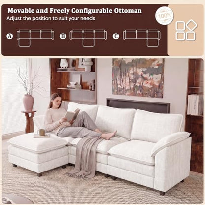 JUMMICO 118.9" L Shaped Sectional Couch, Modular Cloud Sofa, White | Comfy Chenille, Movable Ottoman, Deep Seat, Double Layer Cushion, 3 Seat, High-Density Foam, for Living Room - color: White, size: L Shaped Sofa