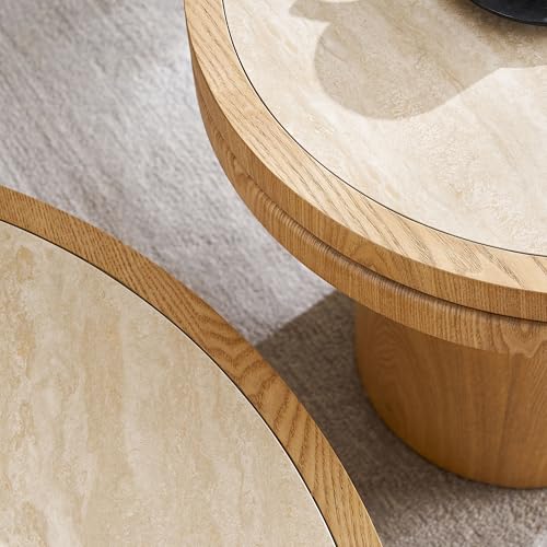 Round Nesting Coffee Table Set of 2 with Sintered Stone Tabletop & Sturdy Base, Modern Circle Center Tables Tea Table for Living Room, Easy Assembly - 35.43" & 19.49", Natural - color: Nesting Coffee Table With Sintered Tabletop,natural