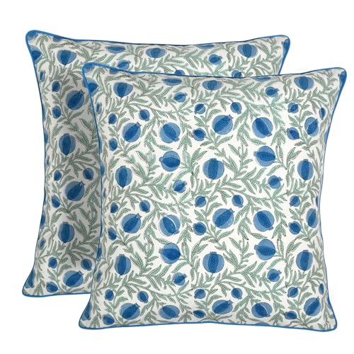 Block Print Queen Blue Pillow Cover 16" x 16" (Pack of 2) Decorative Couch Pillows for Living Room, Farmhouse Chic Boho Cute Outdoor Pillows Covers Gifts for Spring, Mother's Day - color: Queen Blue, size: 16" x 16" (Pack of 2)