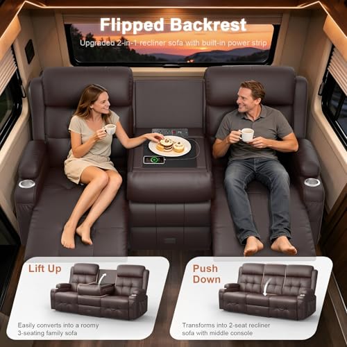 Home Theater Seating, 3 Seat Power Loveseat Recliner Sofa with Heat Massage | Wall Hugger Reclining Loveseat with USB, RV Couch with LED Lights, Flip Backrest, Cup Holders for Movie Theater, Gaming Room - color: Brown, size: 78" - 3 Seats