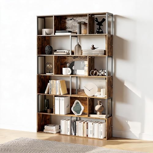 IDEALHOUSE 6-Tier Bookshelf, Tall Geometric Bookcase, Modern Room Divider & Display Shelf with Anti-Tipping Devices, Mid Century Bookshelf for Living Room - color: Brown