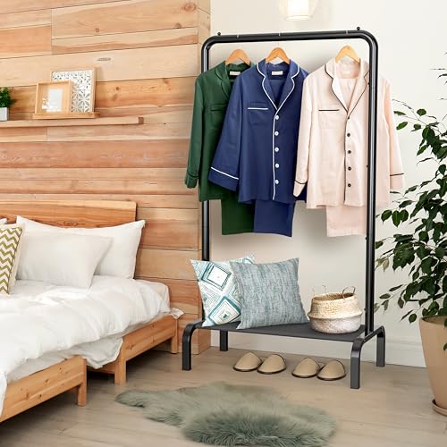 Simple Houseware 30" W Narrow Freestanding Garment Rack with Shelves, Black | With Storage Shelf – Slim & Space-Saving Closet Organizer