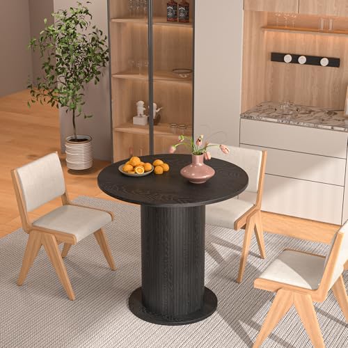 31.5 inch Round Dining Table for 2, Modern Farmhouse Kitchen Table | Small Circle Dining Tables with Wood Strip Base for Kitchen Living Room - color: Black