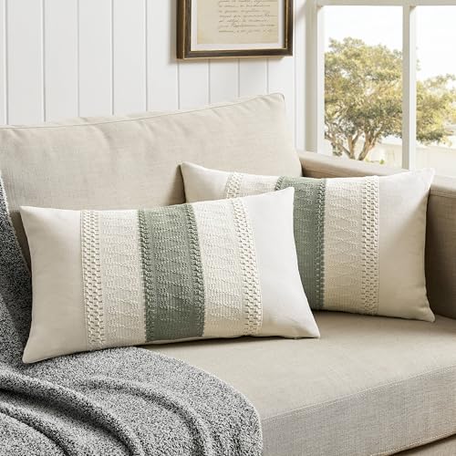 2 Pack Boho Lumbar Pillow Covers, Contrast Green 12x20in | Soft Breathable Cotton, Farmhouse Decorative Couch Pillow Cases, Cushion Covers for Sofa Bed Living Room Home Decor - color: Contrast/Green, size: 20" x 12" (Pack of 2)