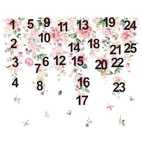 wondever Large Pink Flowers Wall Stickers Hanging Vine Floral Leaves Peel and Stick Wall Art Decals for Baby Nursery Girls Bedroom Living Room