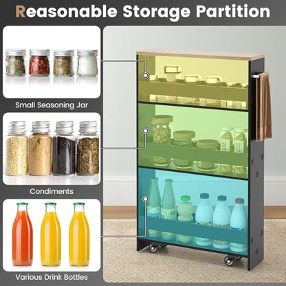 MAT EXPERT Slim Rolling Storage Cart, 4-Tier Freestanding Slim Storage Cart with Wheels 360 Degree & Metal Handle, Wooden Utility Cart for Narrow Kitchen, Laundry Room, Bathroom (Black + Natural) - color: Black + Natural