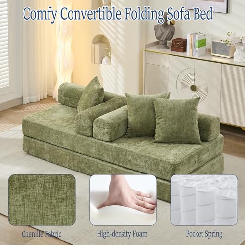 Convertible Folding Sofa Bed Modular Floor Couch, 78.8‘’ Cloud Sleeper Sofa with Removable Backrest, Chenille Foldable Mattress Couch, Lazy Loveseat for Small Space, Apartment, Bedroom, Green - color: #3-green