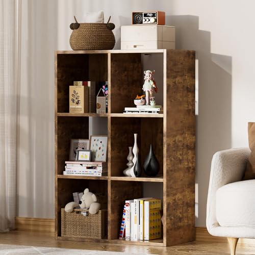 COMHOMA 6 Wood Cube Storage Organizer with Open Back and Removable Back Panels, 11In Brown Cube Storage Bookshelf, Cubicle Shelf Bookcase for Home Office Bedroom Living Room, Vertical or Horizontal - color: 6 Cube-retro Brown