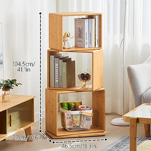 3-Tier Modern Rotating Bamboo Bookcase, DIY Free-Standing Bookshelf Large Capacity Creative Open Book Cabinet, 2 in 1 Nightstand Storage Organizer Lattice Shelf for Home, Office, Living Room, 3-Cube - size: 3-Tier