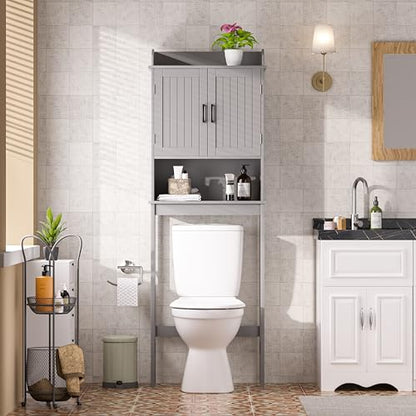 Yardenaler Over-The-Toilet Storage Shelf with Doors, Bathroom Freestanding Organizer Space Saver with Adjustable Shelf, Gray - color: Grey
