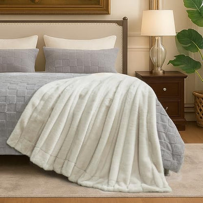 Cozy Bliss Deluxe Sheared Rabbit Faux Fur Throw Blanket, Soft Fuzzy High-Low Sculpted Plush Blanket for Couch, Cozy Home Accent, All Season Use, Beige 50"x60" - color: Stripe - Beige, size: Throw(50" x 60")