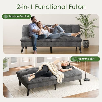 Vongrasig Futon Sofa Bed Velvet Futon Couch with Adjustable Backrest, Small Convertible Folding Sleeper Sofa Bed, Modern Loveseat for Living Room, Bedroom and Small Space, Gray - color: Grey