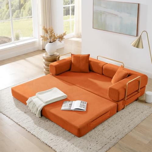 4-in-1 Folding Convertible Sofa Bed, 78 Inch Boneless Couch with Fixed-Shape Frame, Corduroy Loveseat Sleeper with Pull Out Bed, Floor Sofa Modular Futon Couch for Living Room Bedroom Lounge (Orange) - color: Orange