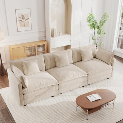Aoowow Modular Sectional Sofa,112.2 Inch Deep 3-Seater Sofas Comfy Chenille Cloud Sofas and Couches with Pillows for Living Room Apartment（Light Coffee） - color: Light Coffee, size: 3 Seat