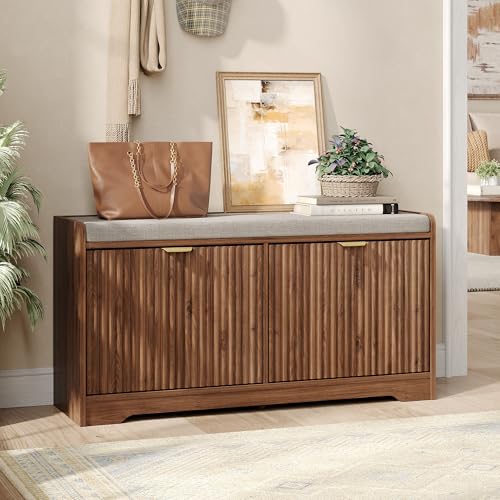 Maupvit 39.4" Fluted Shoe Bench with Storage, Narrow Entryway Bench, Walnut | with Removable Seat Cushion & 2 Flip-Drawers, Shoe Cabinet Bench, Boho Hidden Shoe Rack for Entrance, Hallway, Living Room - color: Walnut