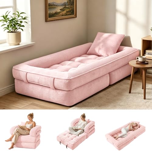 Folding Sofa Bed, Convertible Sleeper Chair with Armrests for Adults, Foldable Corduroy Boneless Bed, 3-in-1 Portable Futon Couch Floor Sofa with Pillow for Bedroom, Living Room, Pink - color: Pink