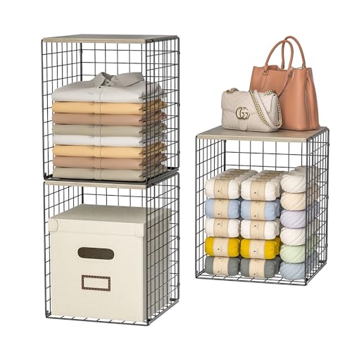 3-Pack Taller Closet Organizers and Storage with Wood Top, Stackable Wire Storage Bins for Clothes, Bags, Towels, Double Storage Design, Sturdy Metal Cube Shelf Organizer for Closet Wardrobe, Black - color: Black, size: 3Pack-12"L x 12"W x 15.74"H