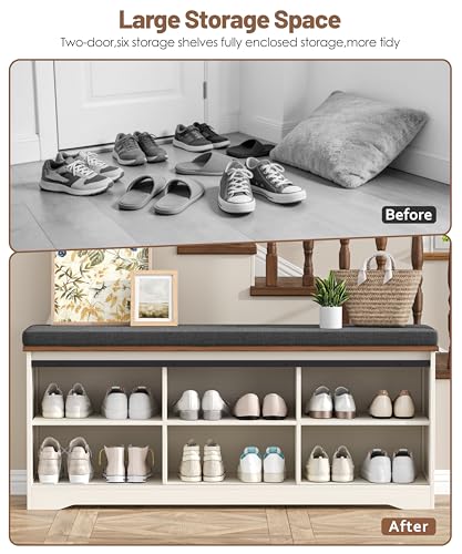 Farmhouse Shoe Storage Bench, Shoe Bench with Slide Barn Doors | 47.2" Entryway Bench with Cushion and Adjustable Shelves, for Bedroom, Closet, Living Room, Hallway, White