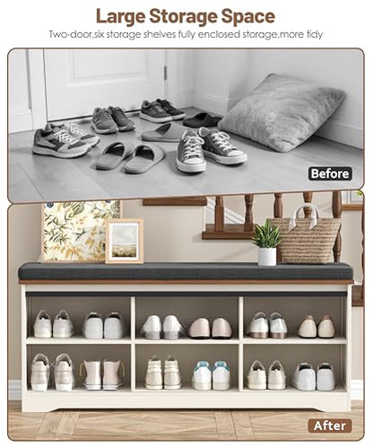 Farmhouse Shoe Storage Bench, Shoe Bench with Slide Barn Doors | 47.2" Entryway Bench with Cushion and Adjustable Shelves, for Bedroom, Closet, Living Room, Hallway, White