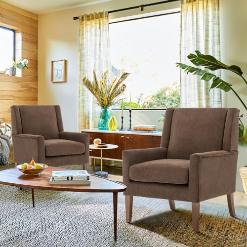 COLAMY Modern Wingback Living Room Chair Set of 2, Upholstered Fabric Accent Armchair, Single Sofa Chair with Lounge Seat and Wood Legs for Bedroom/Office/Reading Spaces, Brown - color: Brown, size: Set of 2