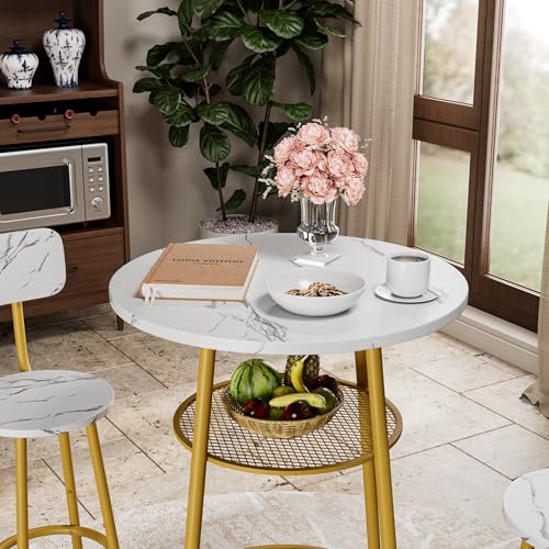 3-Piece Round Bar Table Set with Backrest & Partition, Counter Height Small Dining Table for 2, Includes 2 Foldable Stools, Sturdy MDF & Steel Frame for Kitchen/Dining Room (White+Gold) - color: White+gold