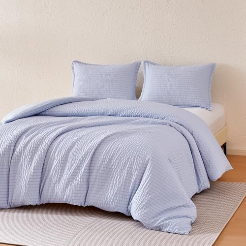 Amazon Basics Duvet Cover Set Jacquard Geometric 3-Piece, with 1 Duvet Cover and 2 Pillow Shams, Comforter Not Included, Full, Blue Striped - color: Blue Striped, size: Full