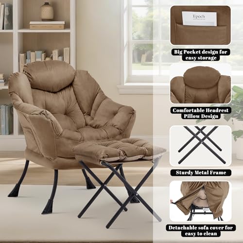 Lazy Chair with Ottoman, Comfy Reading Chair, Brown | Cushioned Seat with Foldable Ottoman and Side Pocket, Lounge Chair for Bedroom, Living Room, Dorm and Small Spaces - color: Brown