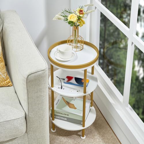 Small Round End Table with Charging Station, 3-Tier Accent Couch Beside Table with USB Ports & Power Outlets, Sofa Side Table for Living Room Small Nightstand Bedroom (USB Charger, White+Gold) | 3-Tier Accent Couch Beside Table with USB Ports & Power Outl