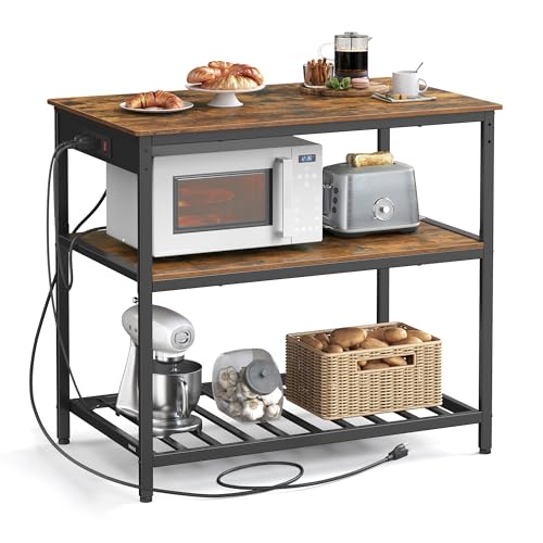 VASAGLE Kitchen Island with 3 Shelves, 39.4 Inches Width Kitchen Shelf with Power Strip, Large Worktop, Stable Steel Structure, Industrial, Easy to Assemble, Rustic Brown and Black UKKI105K01 - color: Rustic Brown + Black, size: 39.4"W x 34.9"H, style: wi