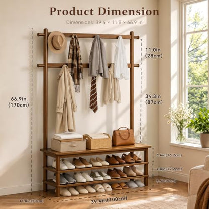 Hall Tree with Shoe Storage Bench, 3-in-1 Entryway Coat Rack with Bench, 11 Hooks, Freestanding Wooden Entryway Organizer for Mudroom, 35" Long - size: 35" Long