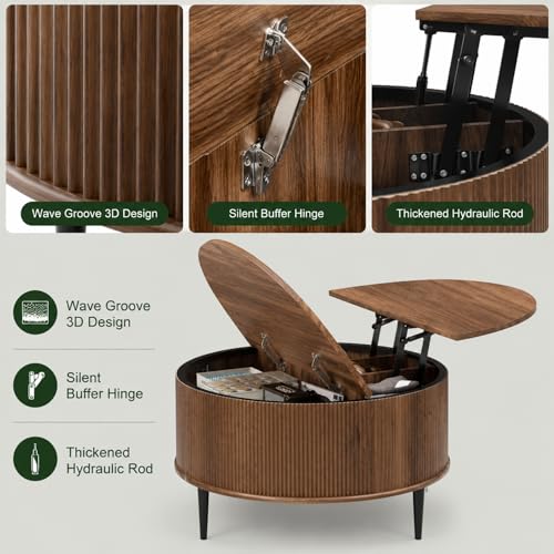 31.5" Round Coffee Table with Storage,Fluted Lift Top Center Table, Midcentury Modern Flip-top Curved Table for Living Room,Walnut