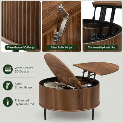 31.5" Round Coffee Table with Storage,Fluted Lift Top Center Table, Midcentury Modern Flip-top Curved Table for Living Room,Walnut