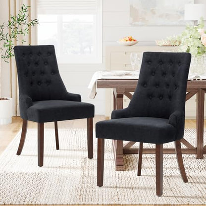 COLAMY Fabric Side Dining Chairs Set of 2, Wingback Upholstered Dining Room Chairs with Tufted Button, Living Room Chairs for Home Kitchen, Black - color: Black, size: Set of 2