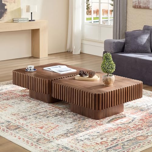 JUSTONE 35-inch Mid-Century Modern Drum Coffee Table, Handcrafted Wood Round Center Table for Living Room, Home Office, Walnut - color: 35.43'' - Walnut-1