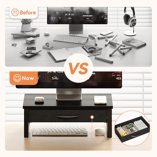 Computer Monitor Stand Riser, Desk Organizers and Accessories with Drawer, 2-Tier Laptop Stand for Desk, Office Organizer Storage, Wood