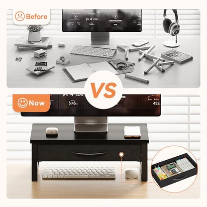 Computer Monitor Stand Riser, Desk Organizers and Accessories with Drawer, 2-Tier Laptop Stand for Desk, Office Organizer Storage, Wood