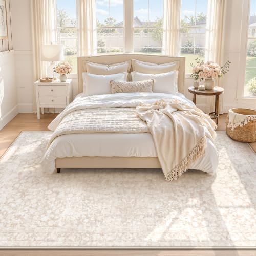 5x7 Area Rugs for Living Room: Boho Vintage Washable Rug Non-Slip Soft Stain Repellent Area Rugs Indoor Low-Pile Carpet for Bedroom Nursery Office Dining Room Playroom Farmhouse (Beige, 5'x7') - color: Beige, size: 5' x 7' (Rectangular)