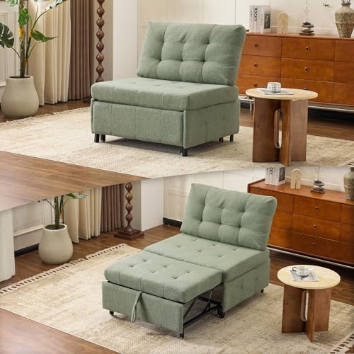 VINGLI Convertible Sofa Bed Tufted Teddy Fleece Sleeper Chair Bed Couch Armless Living Room Chairs with Adjustable Backrest Pull Out Couch Bed for Small Spaces - color: Light Green