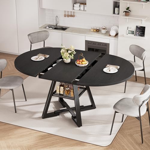 Extendable Dining Table for 4-8, Round Extendable Dining Room Table with Removable Leaf & Storage Shelf, Expandable Oval Kitchen Table with Pedestal Base, Modern Industrial Space Saving (Black) - color: Black