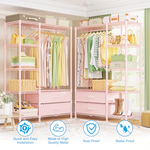 F3 Heavy Duty Clothes Rack（With Fabric Drawers）Freestanding Clothing Racks for Hanging Clothes，Adjustable Closet Organizer System，Portable Garment Rack 40" W x 15" D x 72" H，Max Load 700LBS，Pink - color: Pink, style: Freestanding