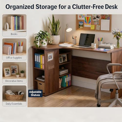GAOMON L Shaped Office Desk with Storage Shelves, Small Corner Computer Desk for Home Office, Bedroom or Study, Space Saving Writing Workstation, Wood Desk with Side Cabinet, Brown