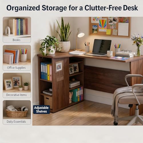 Garvee L Shaped Desk with Storage Shelves, Small Corner Desk for Small Spaces, Corner Table with 3 Tier Shelves, Home Office, Writing Study Gaming Desk, Walnut Wood
