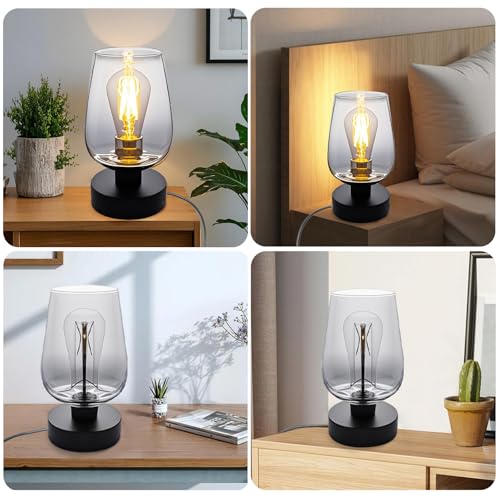 INVGOOD 3 Way Dimmable Touch Bedside Table Lamp, Black Glass Small Desk Lamp with Three Charging Ports for Bedroom Living Room Nightstand, 800LM LED Warm White Bulb Included - color: Black